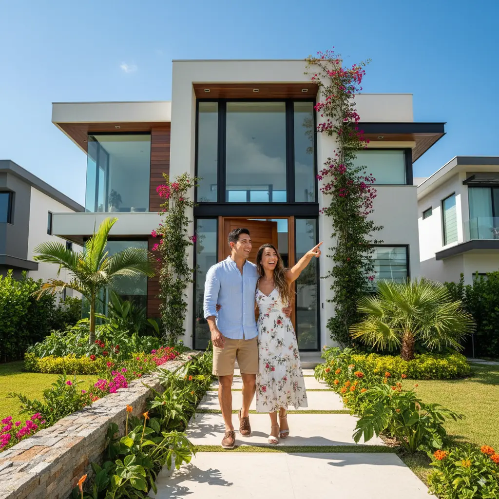 Familia feliz frente a su nueva casa en Piura